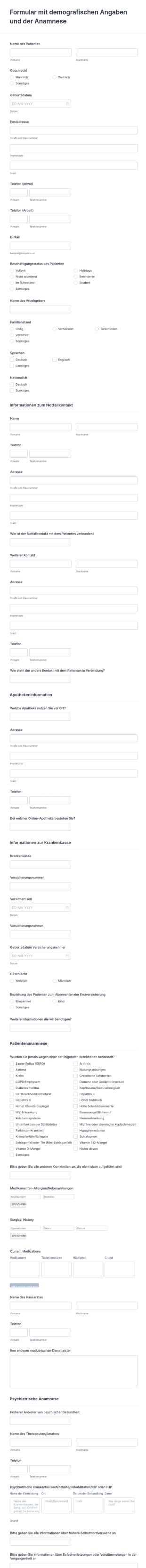 Formular Mit Demografischen Angaben Und Der Anamnese