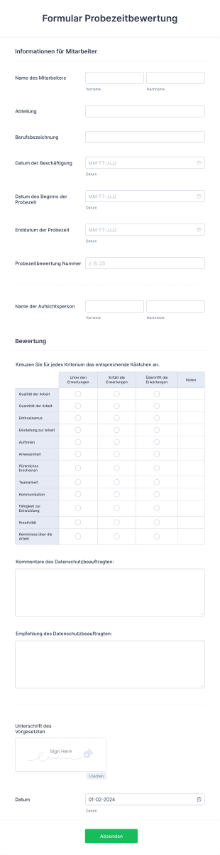 Formular Probezeitbewertung Form Template
