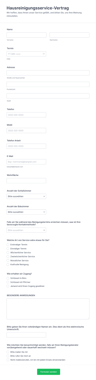 Formular Reinigungsservicevertrag Form Template
