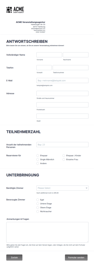 Formular Veranstaltungsantwortschreiben
