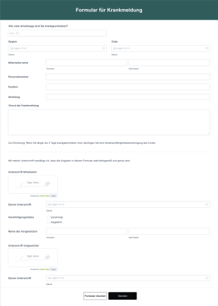 Formular Für Krankmeldung Form Template