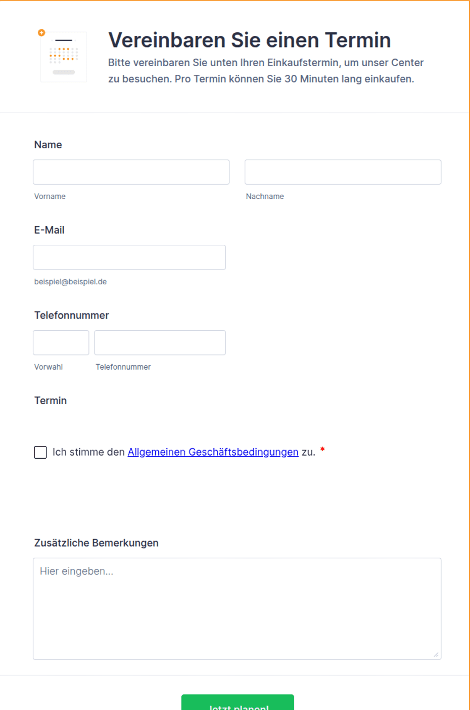Formular zum Einkaufen mit Termin | Jotform