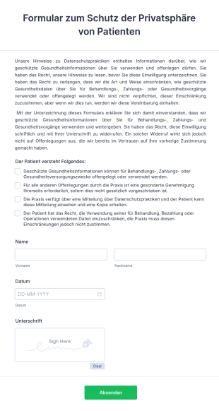 Formular Zum Schutz Der Privatsphäre Von Patienten
