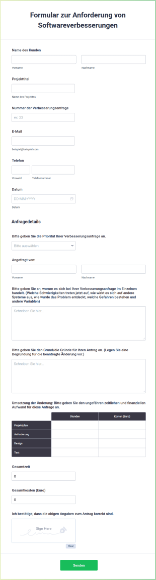 Formular Zur Anforderung Von Softwareverbesserungen