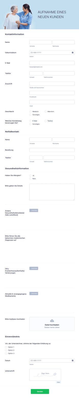 Formular Zur Aufnahme Eines Neuen Kunden
