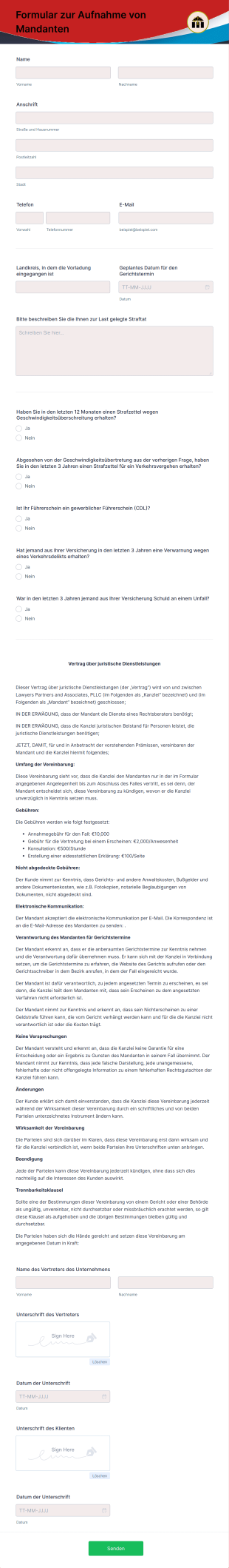 Formular Zur Aufnahme Von Mandanten Form Template