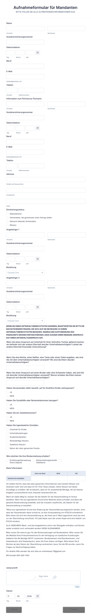 Formular Zur Aufnahme Von Steuermandanten 2022