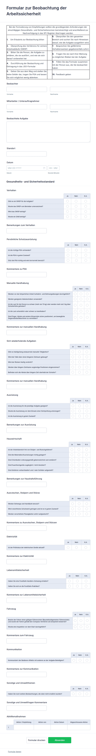 Formular Zur Beobachtung Der Arbeitssicherheit