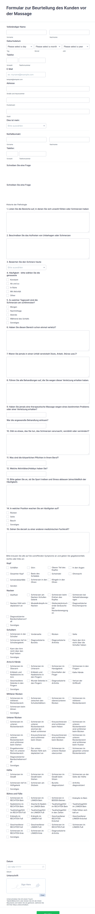 Formular Zur Beurteilung Des Kunden Vor Der Massage