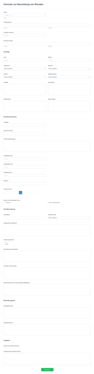 Formular Zur Beurteilung Von Wunden Form Template
