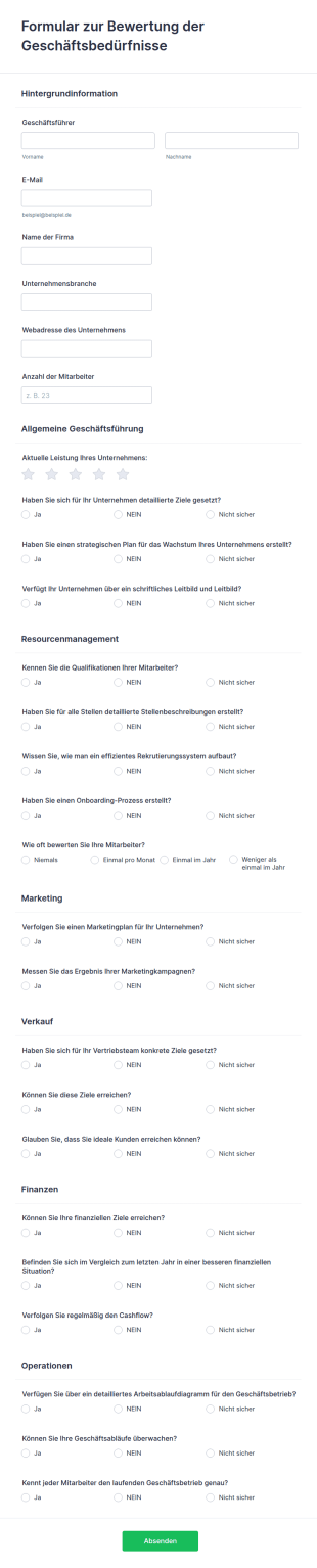 Formular Zur Bewertung Der Geschäftsbedürfnisse