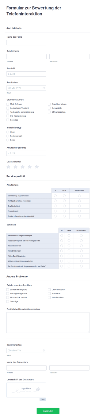 Formular Zur Bewertung Der Telefoninteraktion