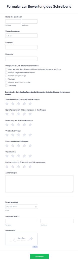 Formular Zur Bewertung Des Schreibens