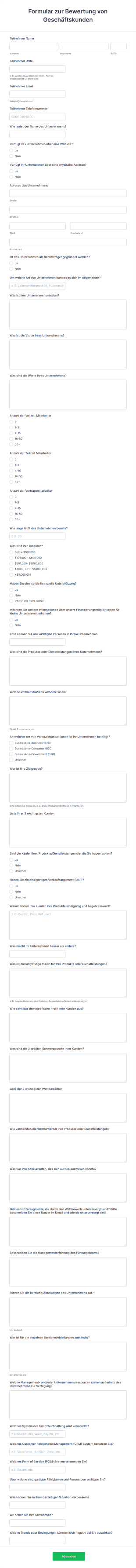 Formular Zur Bewertung Von Geschäftskunden