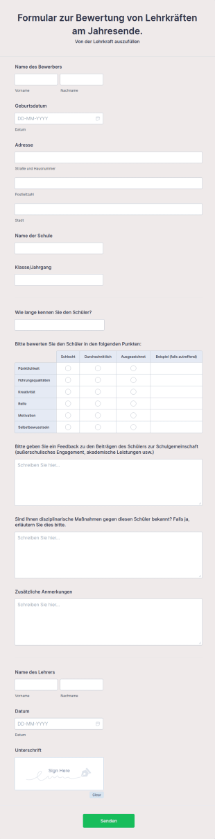 Formular Zur Bewertung Von Lehrkräften Am Jahresende.