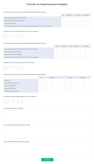 Formular Zur Bewertung Von Predigten Form Template