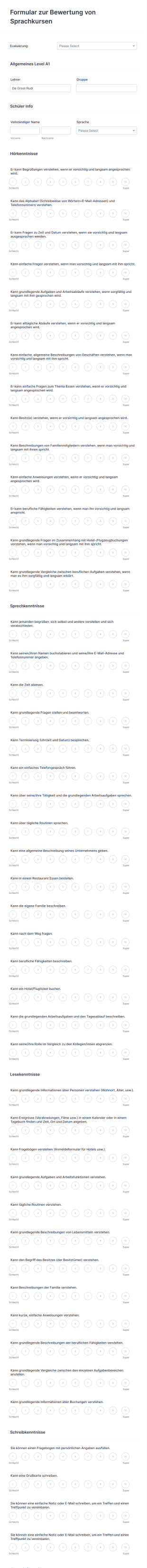 Formular Zur Bewertung Von Sprachkursen Form Template
