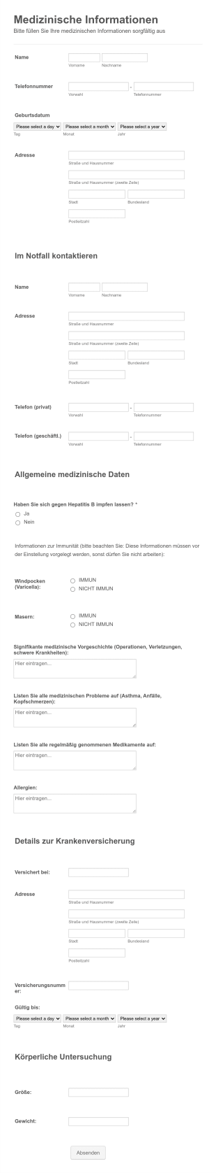 Formular Zur Erfassung Der Medizinischen Informationen Von Angestellten Form Template