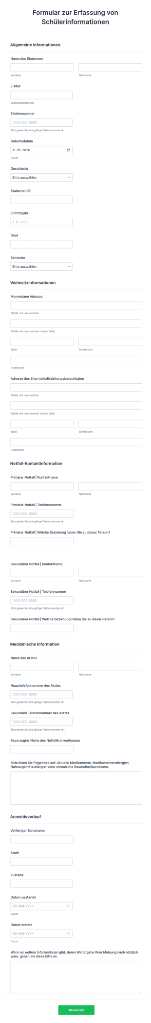 Formular Zur Erfassung Von Schülerinformationen