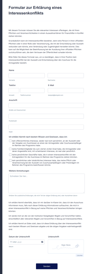 Formular Zur Erklärung Eines Interessenkonflikts Form Template