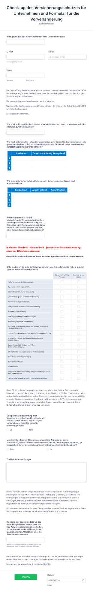 Formular Zur Erneuerung Und Überprüfung Versicherungsschutz Für Unternehmen Form Template