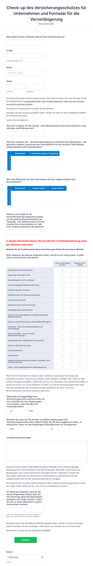 Formular Zur Erneuerung Und Überprüfung Versicherungsschutz Für Unternehmen