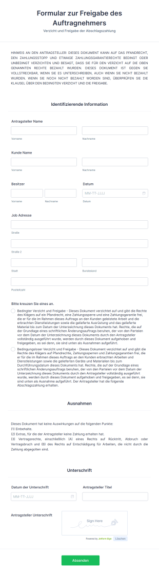 Formular Zur Freigabe Des Auftragnehmers