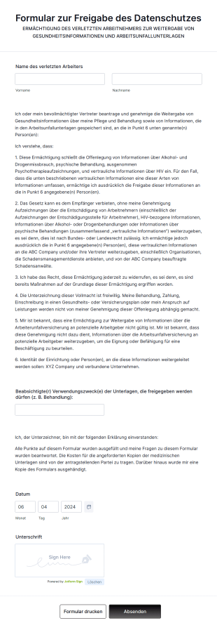 Formular Zur Freigabe Des Datenschutzes