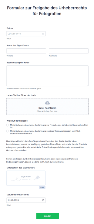 Formular Zur Freigabe Des Urheberrechts Für Fotografien