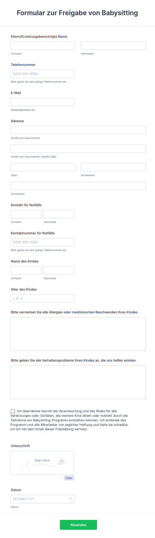 Formular Zur Freigabe Von Babysitting