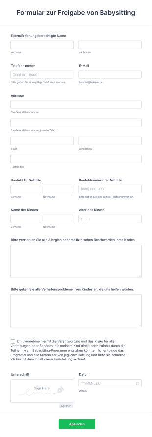 Formular Zur Freigabe Von Babysitting