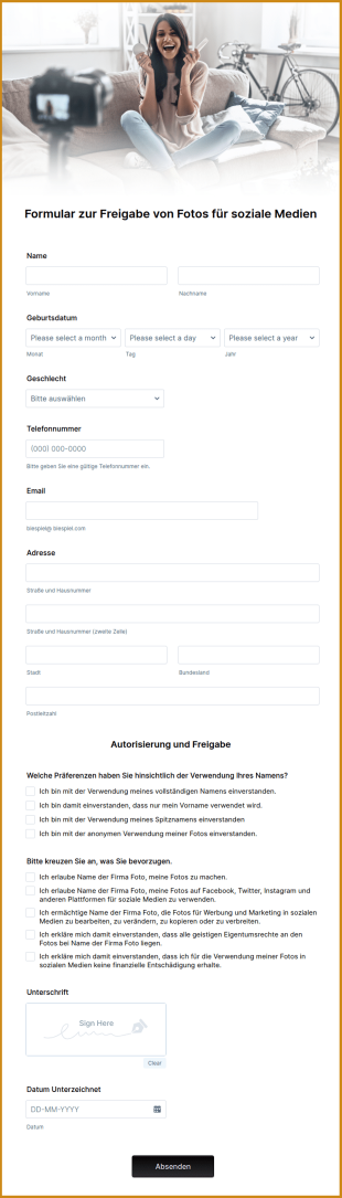 Formular Zur Freigabe Von Fotos Für Soziale Medien
