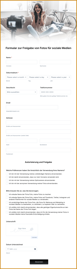Formular Zur Freigabe Von Fotos Für Soziale Medien Form Template