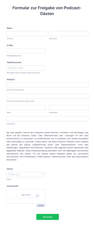 Formular Zur Freigabe Von Podcast Gästen Form Template