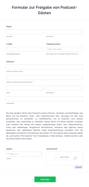 Formular Zur Freigabe Von Podcast Gästen Form Template