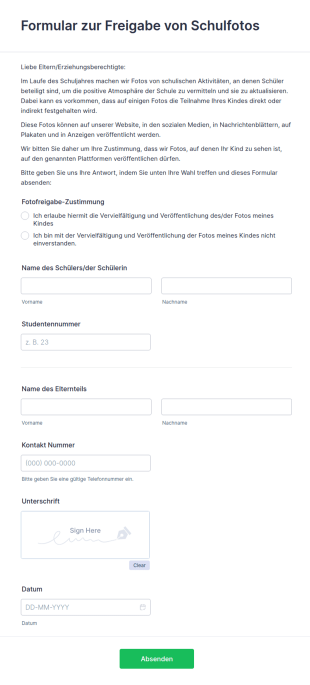 Formular Zur Freigabe Von Schulfotos