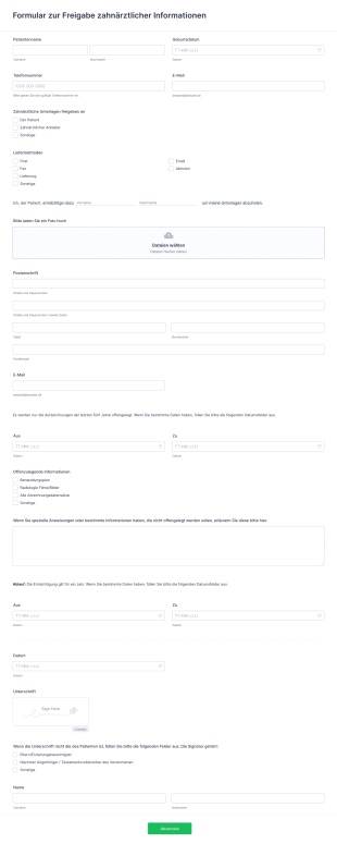 Formular Zur Freigabe Zahnärztlicher Informationen