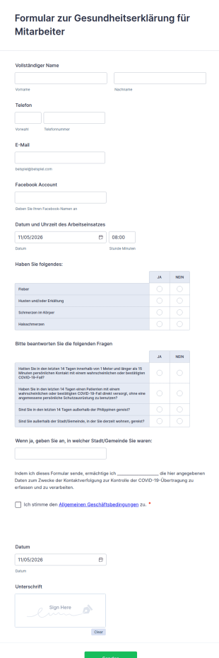 Formular Zur Gesundheitserklärung Für Mitarbeiter
