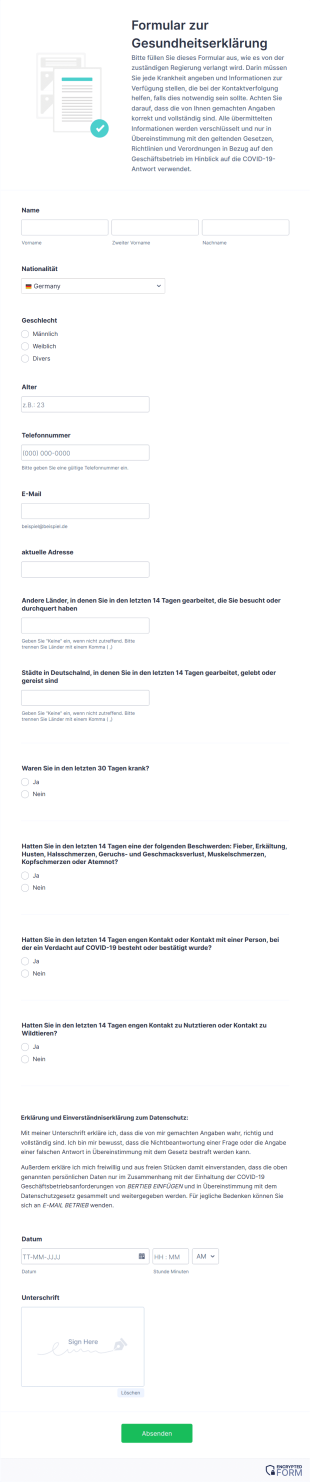 Formular Zur Gesundheitserklärung Form Template