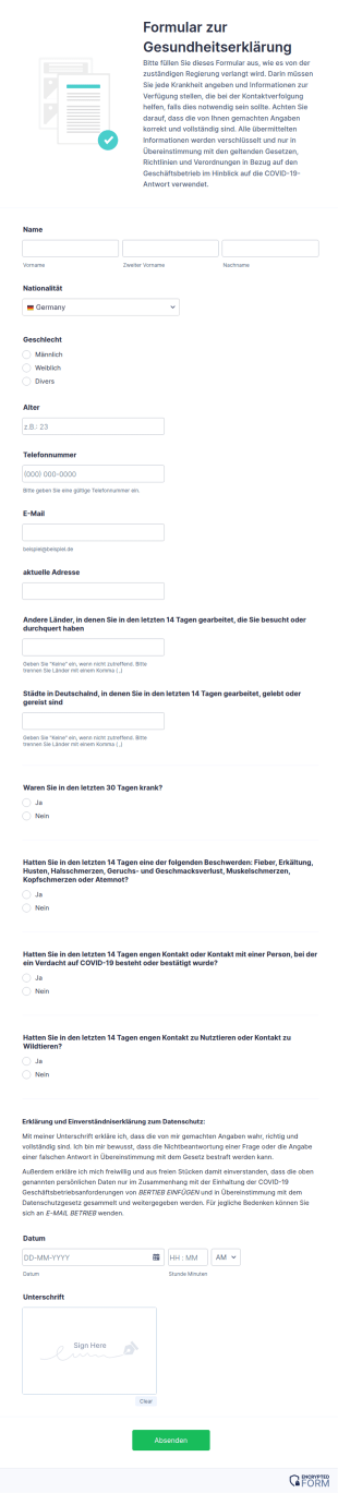 Formular Zur Gesundheitserklärung
