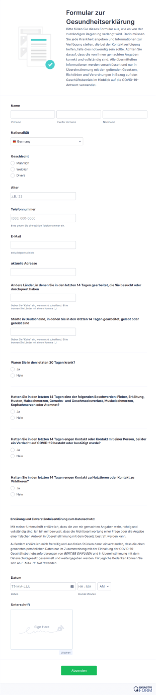 Formular Zur Gesundheitserklärung Form Template