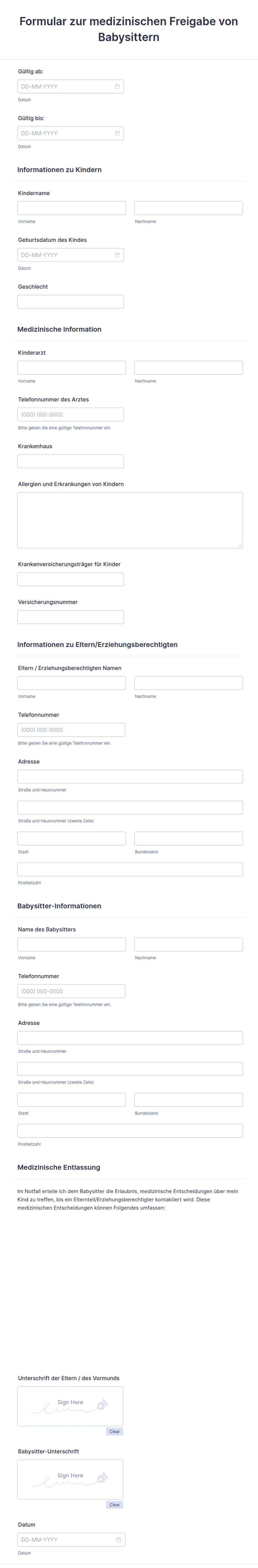Formular zur medizinischen Freigabe von Babysittern Formularvorlage ...