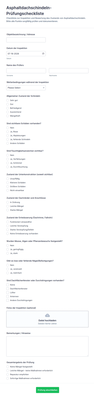 Formular Zur Prüfung Von Dachschindeln