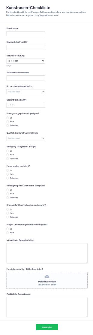 Formular Zur Prüfung Von Kunstrasenflächen