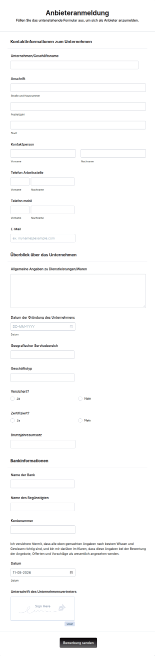 Formular Zur Registrierung Von Anbietern