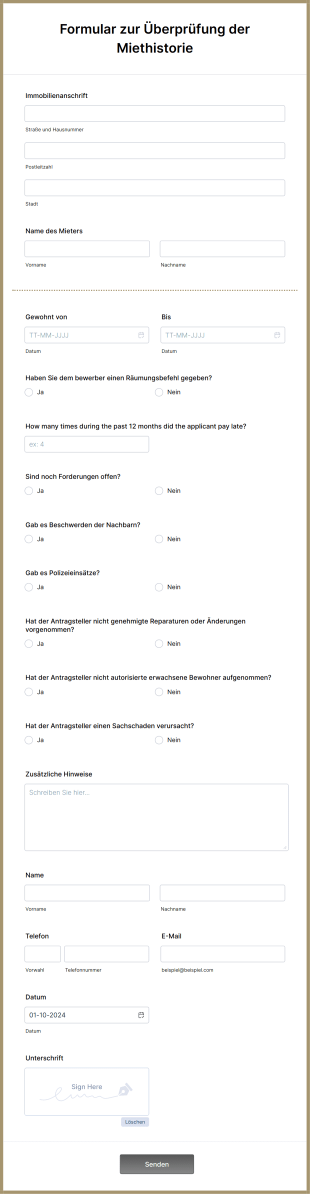 Formular Zur Überprüfung Der Miethistorie Form Template