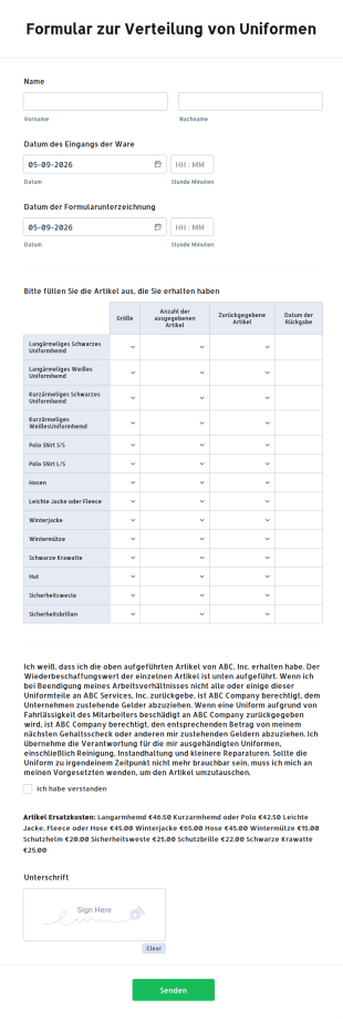 Formular Zur Verteilung Von Uniformen