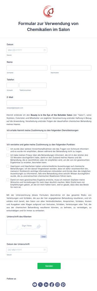 Formular Zur Verwendung Von Chemikalien Im Salon