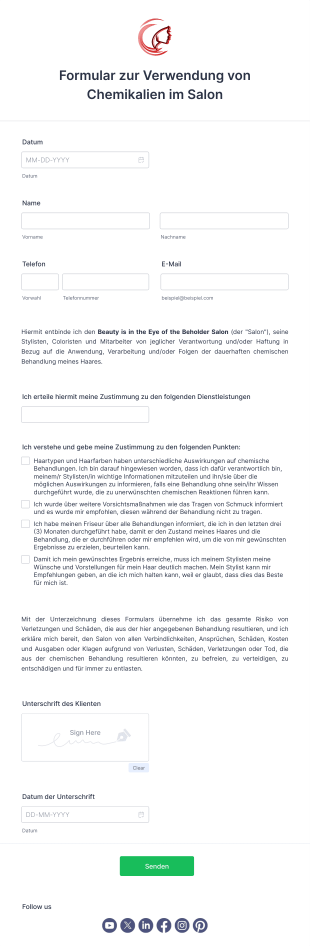 Formular Zur Verwendung Von Chemikalien Im Salon Form Template