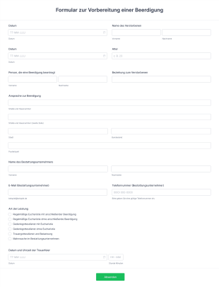 Formular Zur Vorbereitung Einer Beerdigung Form Template